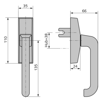 WSS Drehgetriebe, Griff eckig 10.180.0024 Techn. Zeichnung