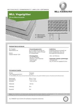 MLL Wetterschutz Datenblatt Vogelgitter 20 mm
