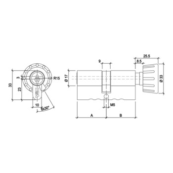 VOX 17 mm Doppelzylinder mit Drehknopf Massbild