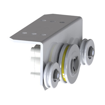 Radialdämpfer LD 100L S-65 mit Seilscheibe Ø 65 mm, zwei Führungsrollen Ø 40 mm und breitem Montagewinkel