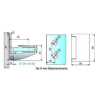 PAULI Duschtürband PAPILLON Glas-Wand 90°, P+S 8100ZN5 Massbild