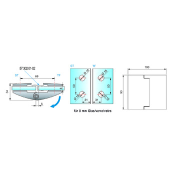 PAULI PAPILLON Glas-Glas 180°, 90° nach aussen öffnend, P+S 8102ZN5 Massbild