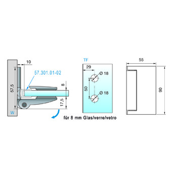 PAULI Duschtürband FARFALLA Glas-Wand 90°, nach aussen öffnend, P+S 8128ZN5 Massbild