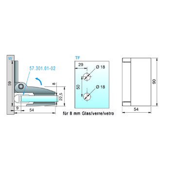 PAULI Duschtürband FARFALLA Glas-Wand 90° nach innen öffnend, P+S 8120ZN5 Massbild