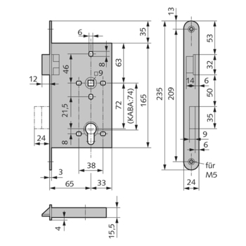 WSS Einsteckschloss für FS-Türen, komplett aus Edelstahl 01.452.6500.426 Massbild