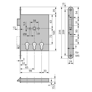 WSS Panikschloss für drei Profilzylinder Massbild