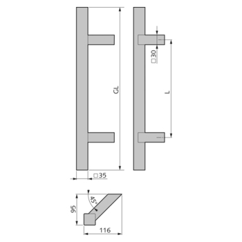 WSS Edelstahl-Türgriff Modell 400 quadratisch, schräg Massbild 08.108