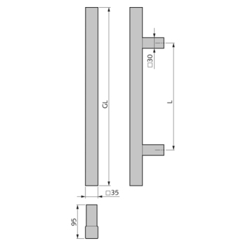 WSS Edelstahl-Türgriff Modell 404 quadratisch, gerade Massbild 08.129