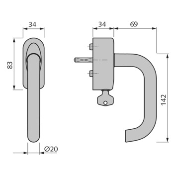 WSS WSS-Fenstergriff Modell 108, abschließbar Massbild 10.465.0024