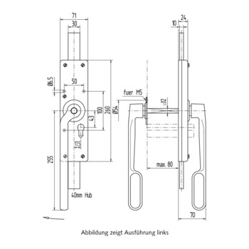 Falttor-Treibriegel, abschliessbar, Hebel doppelseitig, für innen und aussen  03.118 / 03.119