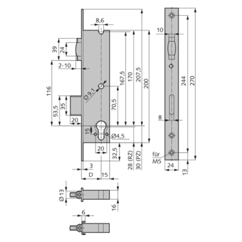 WSS Einsteckschloss mit Rollfalle Serie 200 14.124 Massbild