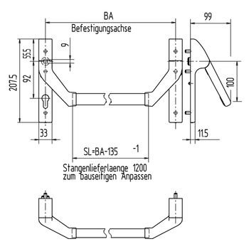 WSS Panikstangengriff Serie 100 PS 99 für Gehflügel 01.681.9200 Massbild