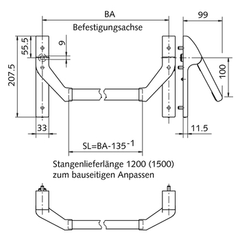 WSS Panik-Stangengriff PS 99 für Standflügel 01.682 Massbild