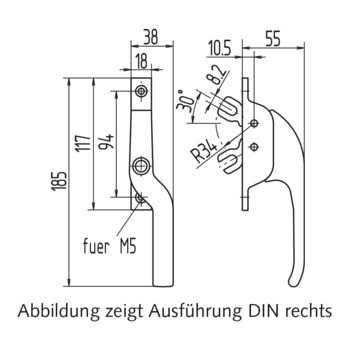 WSS Fenstergriff, gekröpft und abschliessbar, mit 2 Gabeln 10.586