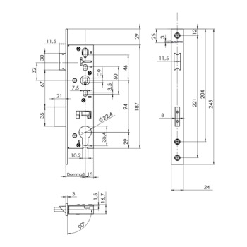  GLAMETEC Einsteckschloss GLA02 - GLA0235243U Massbild