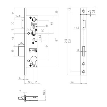 GLAMETEC Einsteckschloss GLA02 - GLA0235246U Massbild