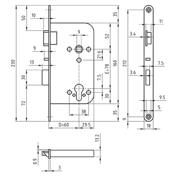 Glutz Panikschloss, Funktion E-SV 1240.7, PZ gelocht - Zeichnung