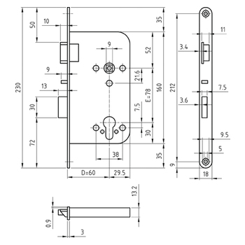 Glutz Panikschloss, Funktion B-SV 1241.6, PZ gelocht - Zeichnung