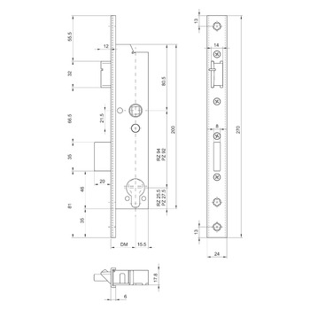 MSL Sv-Panikschloss, Funktion E 19544PE-SV, U-Stulp 24x6 mm, Masszeichnung