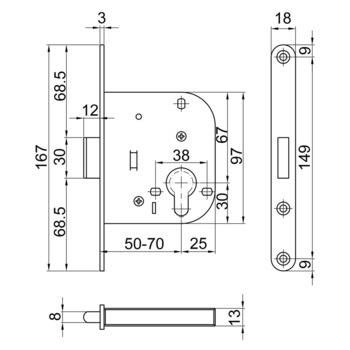 ASSA ABLOY MSL Einsteckriegel 1503.2 Massbild