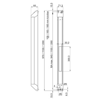 MSL eBar 1.2, mechatronische Pushbar mit potentialfreien Kontakten, Display, RS485 Schnittstelle, Notschalter 5983, Produktzeichnung