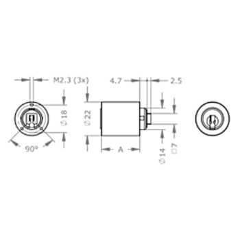 EVVA ICS Möbelzylinder MR22/4K, verschiedenschliessend, Produktzeichnung