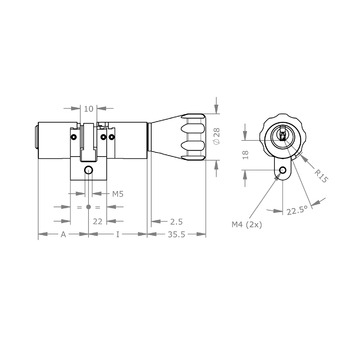 EVVA ICS RZ Doppelzylinder mit Drehknopf Ø 22 mm, verschiedenschliessend, Produktzeichnung