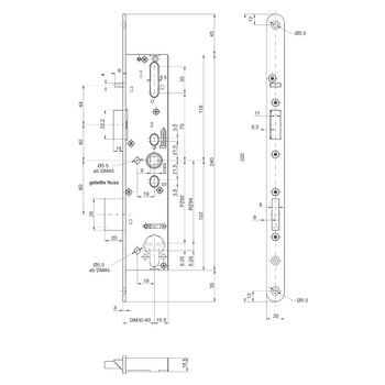 MSL sFlipLock Panik-Sicherheits-Einsteckschloss mit Panikfunktion E 14444PE, Rundstulp 20 mm, Produktzeichnung