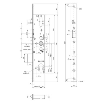 MSL sFlipLock Panik-Sicherheits-Einsteckschloss 14446PBe, Flachstulp 24 mm, Produktzeichnung