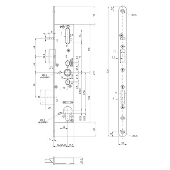 MSL sFlipLock Panik-Sicherheits-Einsteckschloss 14544PE-SV, Rundstulp 20 mm, Produktzeichnung