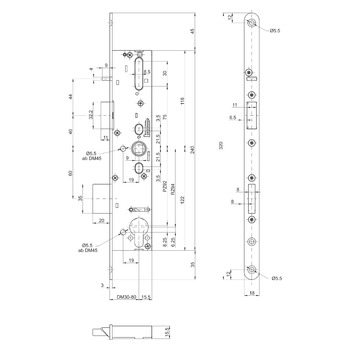 MSL sFlipLock Panik-Sicherheits-Einsteckschloss 14544PE-SV-TF, Rundstulp 18 mm, Produktzeichnung