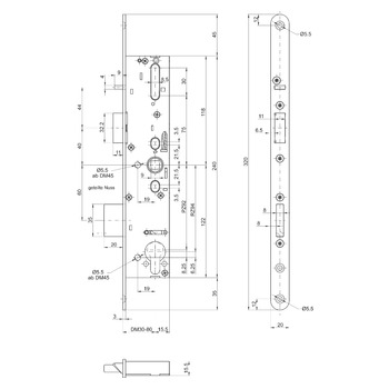 MSL sFlipLock Panik-Sicherheits-Einsteckschloss 14544PE-SV-TF, Rundstulp 20 mm, Produktzeichnung