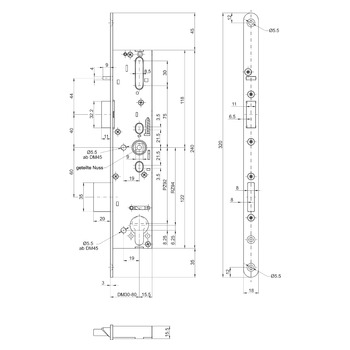 MSL sFlipLock Panik-Sicherheits-Einsteckschloss 14546PBa-SV, Rundstulp 18 mm, Produktzeichnung