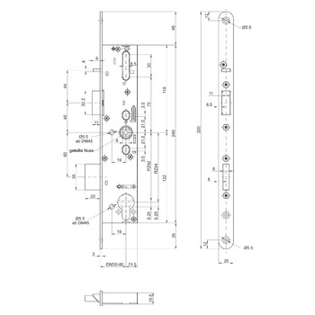 MSL sFlipLock Panik-Sicherheits-Einsteckschloss 14546PBa-SV, Rundstulp 20 mm, Produktzeichnung