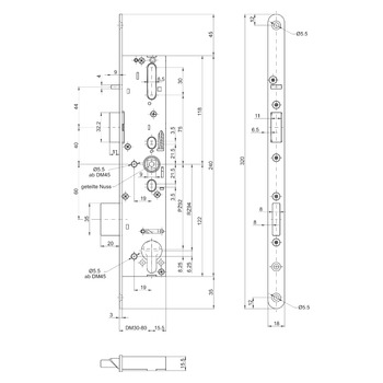 MSL sFlipLock Panik-Sicherheits-Einsteckschloss 14546PBe-SV, Rundstulp 18 mm, Produktzeichnung