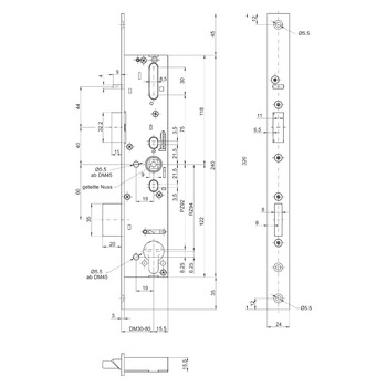 MSL sFlipLock Panik-Sicherheits-Einsteckschloss 14546PBe-SV, Flachstulp 24 mm, Produktzeichnung