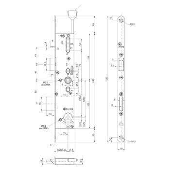 MSL sFlipLock check Einsteckschloss mit Panikfunktion E, mit Kontakten 14474PE, Rundstulp 18 mm, Produktzeichnung