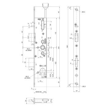 MSL sFlipLock check Einsteckschloss mit Panikfunktion E, mit Kontakten 14474PE, Flachstulp 24 mm, Produktzeichnung