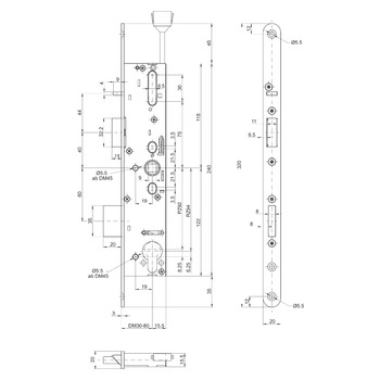 MSL sFlipLock check Einsteckschloss Panikfunktion E, mit Kontakten 14574PE-SV, Rundstulp 20 mm, Produktzeichnung