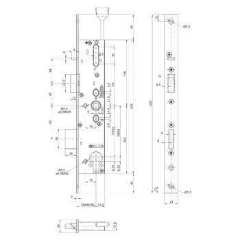 MSL sFlipLock check Einsteckschloss mit Panikfunktion E, mit Kontakten 14574PE-SV-TF, Falchstulp 24 mm, Produktzeichnung