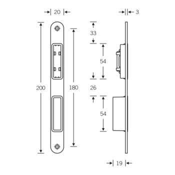 Schliessblech für Magnetschloss GLA6524MG Masszeichnung ohne verstellbare Falle (Standard)