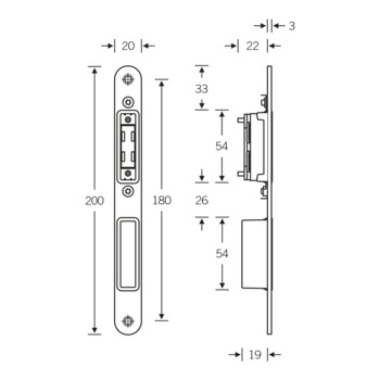 Schliessblech für Magnetschloss GLA6524MG Masszeichnung mit 2-fach verstellbarer Falle (Option)