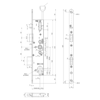 MSL sFlipLock check Einsteckschloss mit Panikfunktion B, mit Kontakten 14476PBe, Rundstulp 18 mm, Produktzeichnung