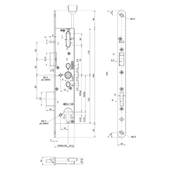 MSL sFlipLock check Einsteckschloss mit Panikfunktion B mit Kontakten, auswärts öffnend, selbstverriegelnd 14576PBa-SV,, Rundstulp 20 mm, Produktzeichnung