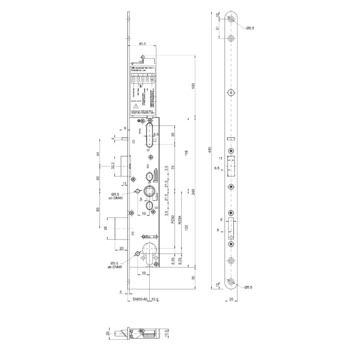 MSL sFlipLock access Panik-Sicherheits Einsteckschloss motorisch 15574PE-SV, Rundstulp 20 mm, Produktzeichnung